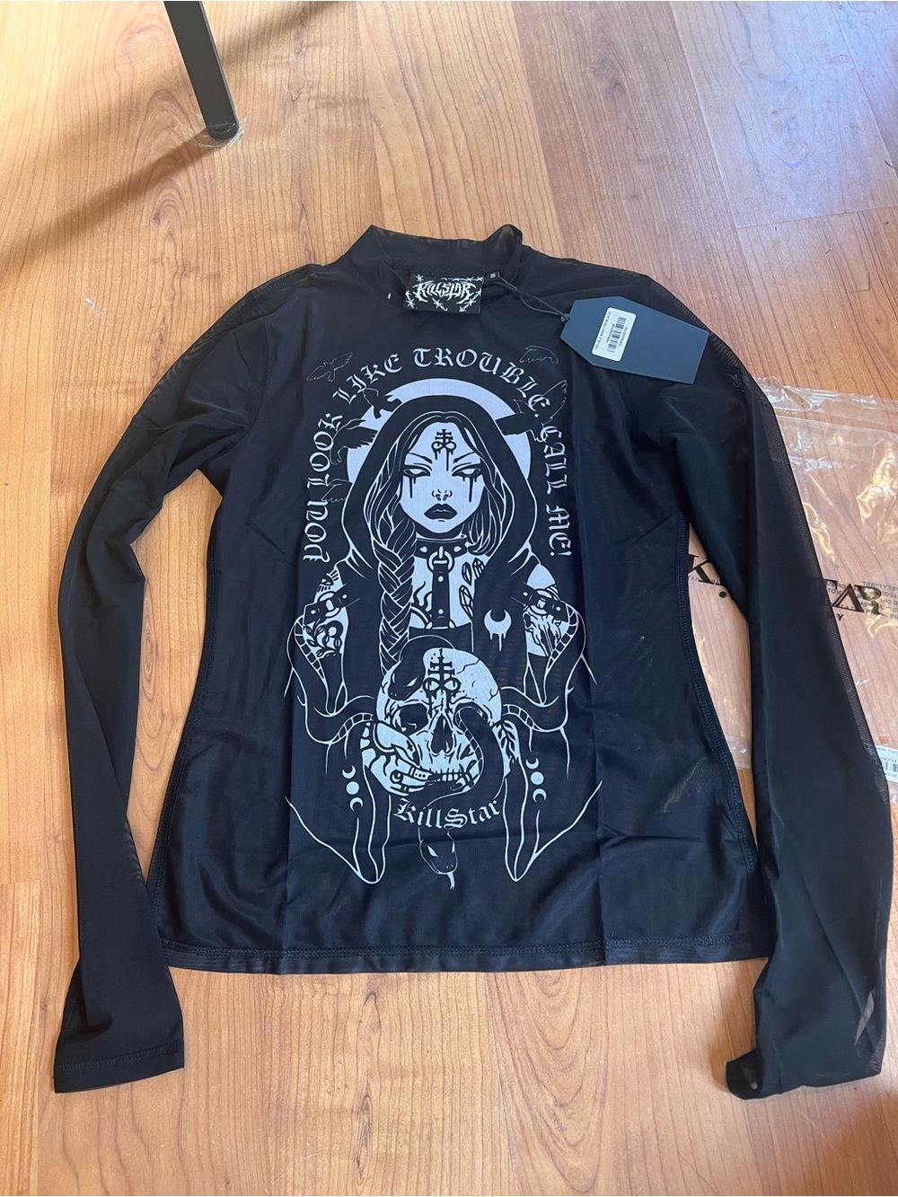 Killstar Black trouble Mesh Top with S Silver Print nwt